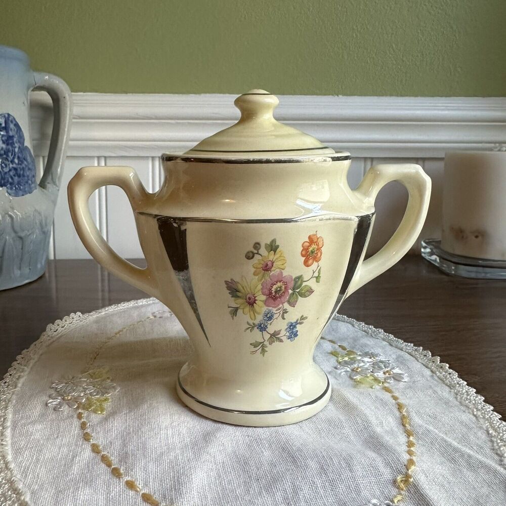 Art Deco Lidded Sugar Bowl Wild Flowers & Silver Trim - Uranium Glaze